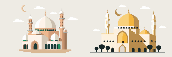 Flat style Muslim mosque isolated on white background.Vector illustration cartoon design.Beautiful muslim temple icon illustration.Eid Mubarak greetings.Ramadan Kareem.