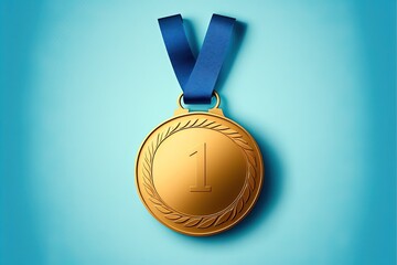Fototapeta Digital illustration of gold medal with number 1, blue background. Generative AI obraz
