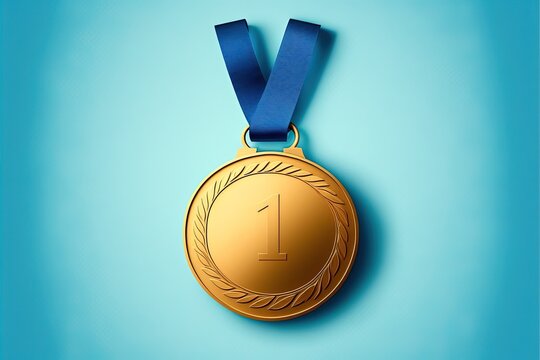 Digital illustration of gold medal with number 1, blue background. Generative AI