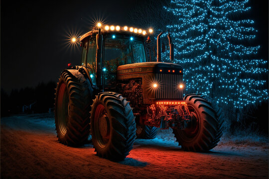 trator andando a noite com decora&ccedil;&atilde;o natalina 