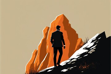 Naklejka premium Digital illustration of businessman, man in suit climbing mountain. Generative AI