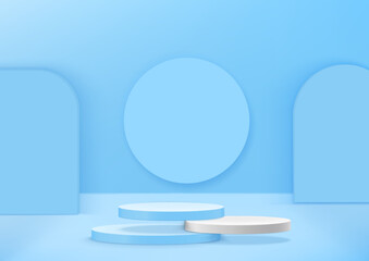 3d blue and white podium product on background. Blue pastel podium 3d, product presentation
