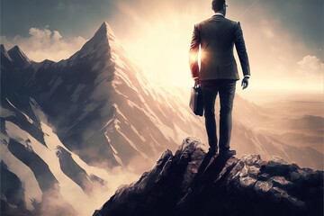 Digital illustration of businessman, man in suit climbing mountain. Generative AI