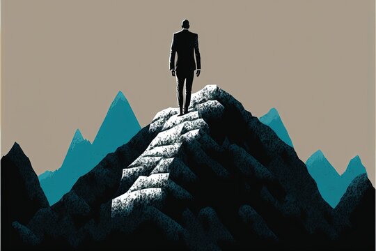 Digital illustration of businessman, man in suit climbing mountain. Generative AI