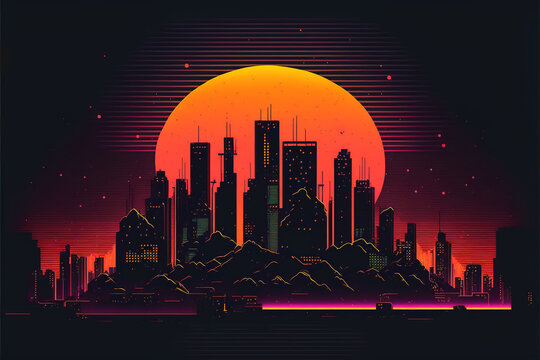 80s Retro Sci-Fi Background with Night City Skyline, Synthwave glowing neon lights plane with sun and city skyline, Cyberpunk and retro wave style illustration, generative ai.