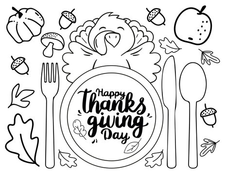 Thanksgiving placemat for kids. Coloring printable activity mat with turkey illustration. Nature adventure black and white play mat or coloring page.
