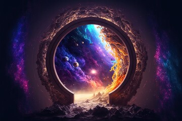 Mystical portal in space, with nebubula and immensity of space in the background, beautiful neon colors . generative AI