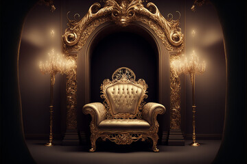 cadeira poltrona dourada, conceito de riqueza e luxo 