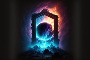 Obraz premium Mystical portal in space, with nebubula and immensity of space in the background, beautiful neon colors . generative AI