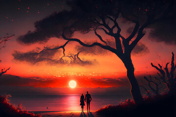 Couple holding hands standing by the lake under big tree and looking at the sunset. Generative AI