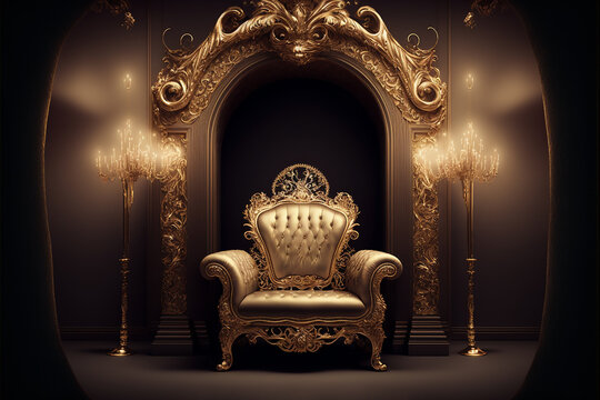 cadeira poltrona dourada, conceito de riqueza e luxo 