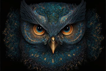 Zelfklevend Fotobehang Digital illustration of the face of a mystical owl with incredible shapes. Generative AI © Deivison
