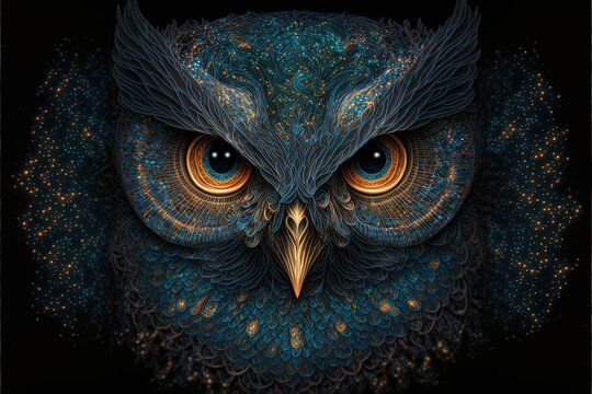 Digital illustration of the face of a mystical owl with incredible shapes. Generative AI