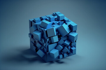 3d blue cube made of smaller random cubes
