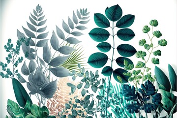 White background with different types of plants. AI digital illustration