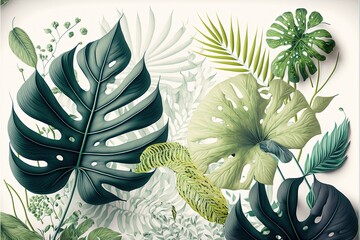 Fototapeta premium White background with different types of plants. AI digital illustration