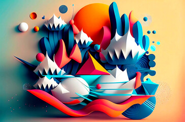 The Missing world - Geometric Dreamscapes: A 3D Render of a Background Design with Abstract Shapes, Flowing in a New, Imaginative and Creative World