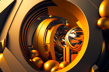 Future in Motion: An Abstract 3D Render of a Futuristic Background Design with Modern Geometric Shapes and a Realistic Gold Sphere Illustration
