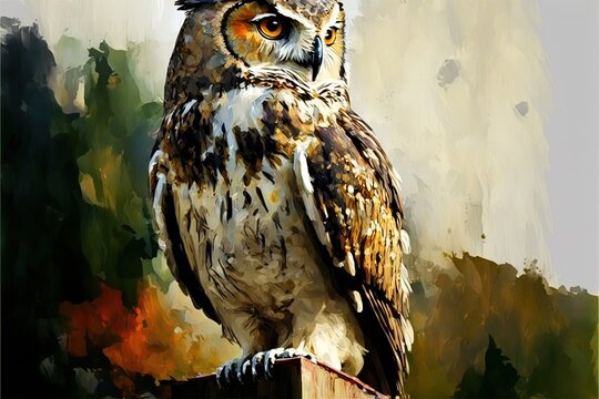 Beautiful owl painting on white background. AI digital illustration