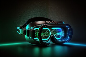 Futuristic digital eyeglasses illustration with realistic neon lights, dark background. Generative AI