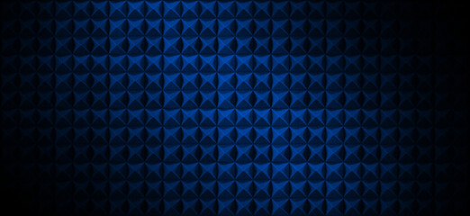 Dark acoustic foam wall with blue light. Recording studio room background with sound proofing texture. Radio broadcast or podcast background with copy space for website banner design - obrazy, fototapety, plakaty