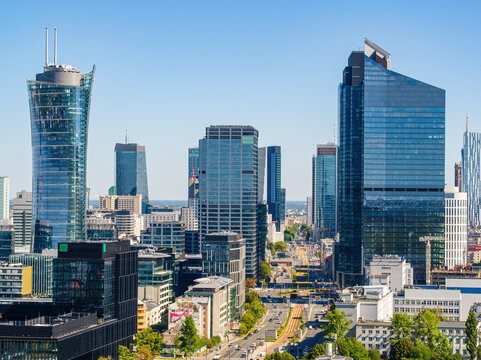 Office district around Daszynskiego roundabout called "new Mordor", Warsaw skyline aerial image