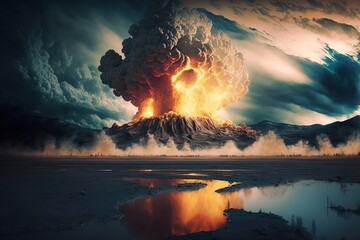 volcan en éruption, panache de fumée et nuage de lave dans un paysage réaliste - obrazy, fototapety, plakaty