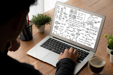 Mathematic equations and modish formula on computer screen showing concept of science and education
