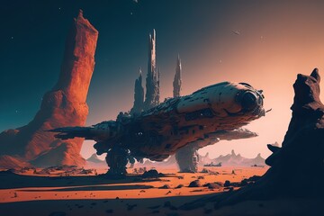 illustration numérique de science-fiction d'un vaisseau spatial immense dans le désert
