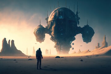illustration numérique de science-fiction, personnage de dos devant un vaisseau spatial dans le désert