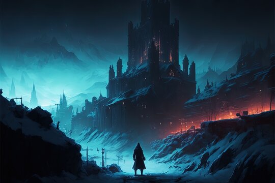 illustration numérique, paysage fantastique nocturne de forteresse sombre sous la neige