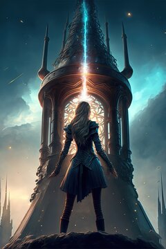 illustration de fantasy, jeune fille guerrière de dos dace à une tour médiévale, ambiance magique et héroïque
