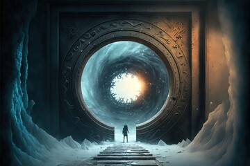 illustration numérique  fantastique d'un personnage traversant un grand portail magique vers un autre monde épique