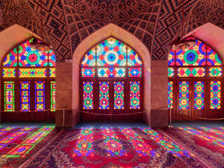 Fototapeta na wymiar Colorful Nasir Al Mulk Mosque (known as the Pink Mosque) in Shiraz, Iran