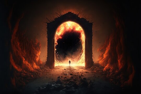 illustration numérique  fantastique d'un personnage traversant un grand portail magique  en flammes vers un autre monde épique