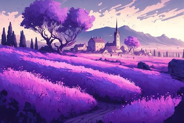 illustration numérique, paysage de Provence avec champs de lavande en fleur
