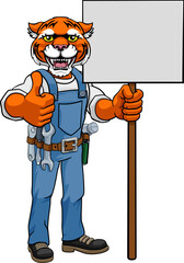 A tiger animal construction cartoon mascot handyman or builder maintenance contractor holding a sign and giving a thumbs up