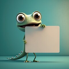 Cute Cartoon Gecko Holding a Whiteboard with Room for Text (Generative AI)