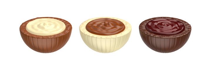 White, dark and milk chocolate candies with different fillings inside