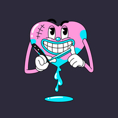 Cartoon character in trendy y2k retro design. Valentine's day concept in fun 90s, 00s aesthetic. Smiling heart with straight razor. Groovy funky style.