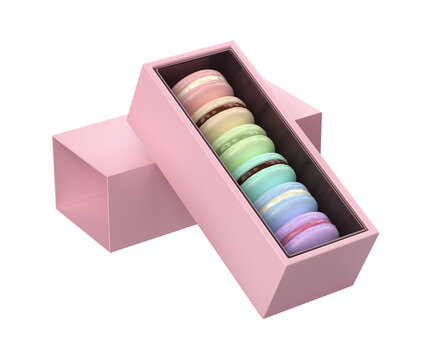 Pink box with six different french macarons on transparent background