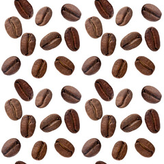 Coffee beans isolated on transparent background.  Seamless pattern. PNG format	

