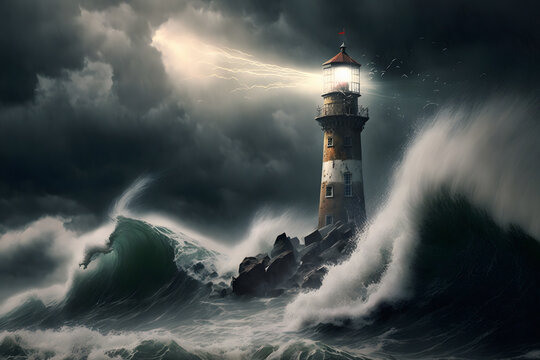 Lighthouse in the storm. 3d illustration