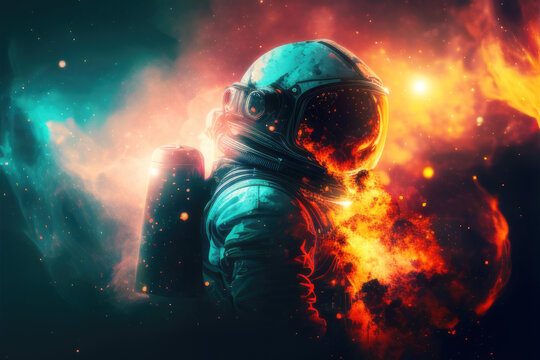 Astronaute dans l&rsquo;espace. D&eacute;co pop art moderne. Cosmonaute dans la galaxie et les &eacute;toiles. Generative AI.