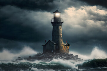 Naklejka na ściany i meble Lighthouse in the storm. 3d illustration