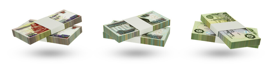 Set of stacks of Egyptian pound notes in different denominations. 3d rendering - obrazy, fototapety, plakaty