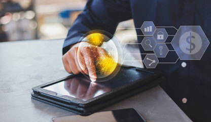Online banking and business transaction or online marketing with tablet and smartphone pushing a button, processing system for future modern technology.