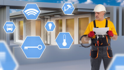 Man master mounts smart home system. Guy with wire and sheet of paper. IOT icons near man installer. Equipment cottage technology smart home. Smart home integration. Worker stands near blurred house