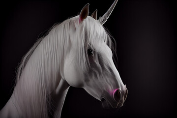 portrait of an unicorn on a black background. generative ai