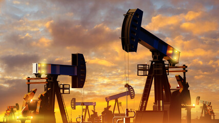 Panorama oil field. Pumps for extraction of crude oil. Industrial landscape at sunset. Area with oil rigs. Industry for fuel industry. Petroleum production for import and export. 3d image.